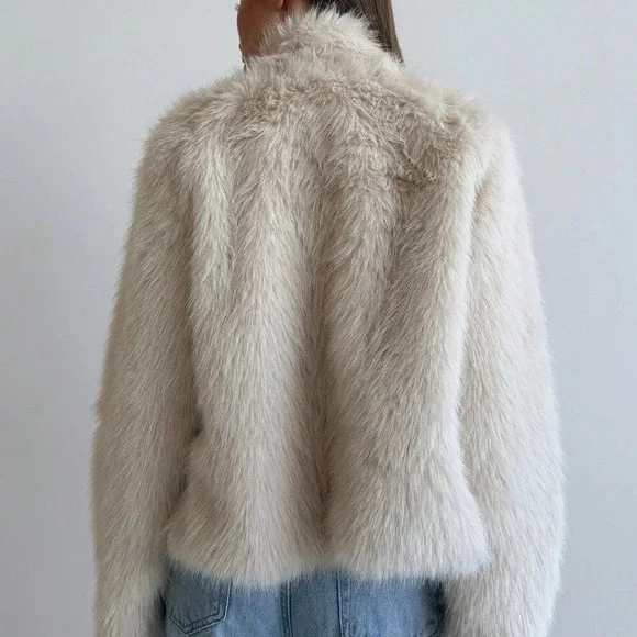 Apricot Casual Women's Stand Collar Fitted Long Sleeve Fluffy Button Jacket - Picture 3 of 9